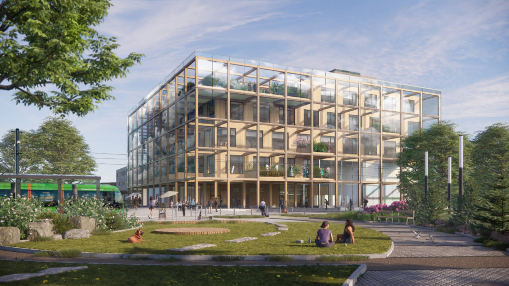 Render of a building with wooden beams and pillars, in front there's a tram and people sitting on the grass enjoying picnic.